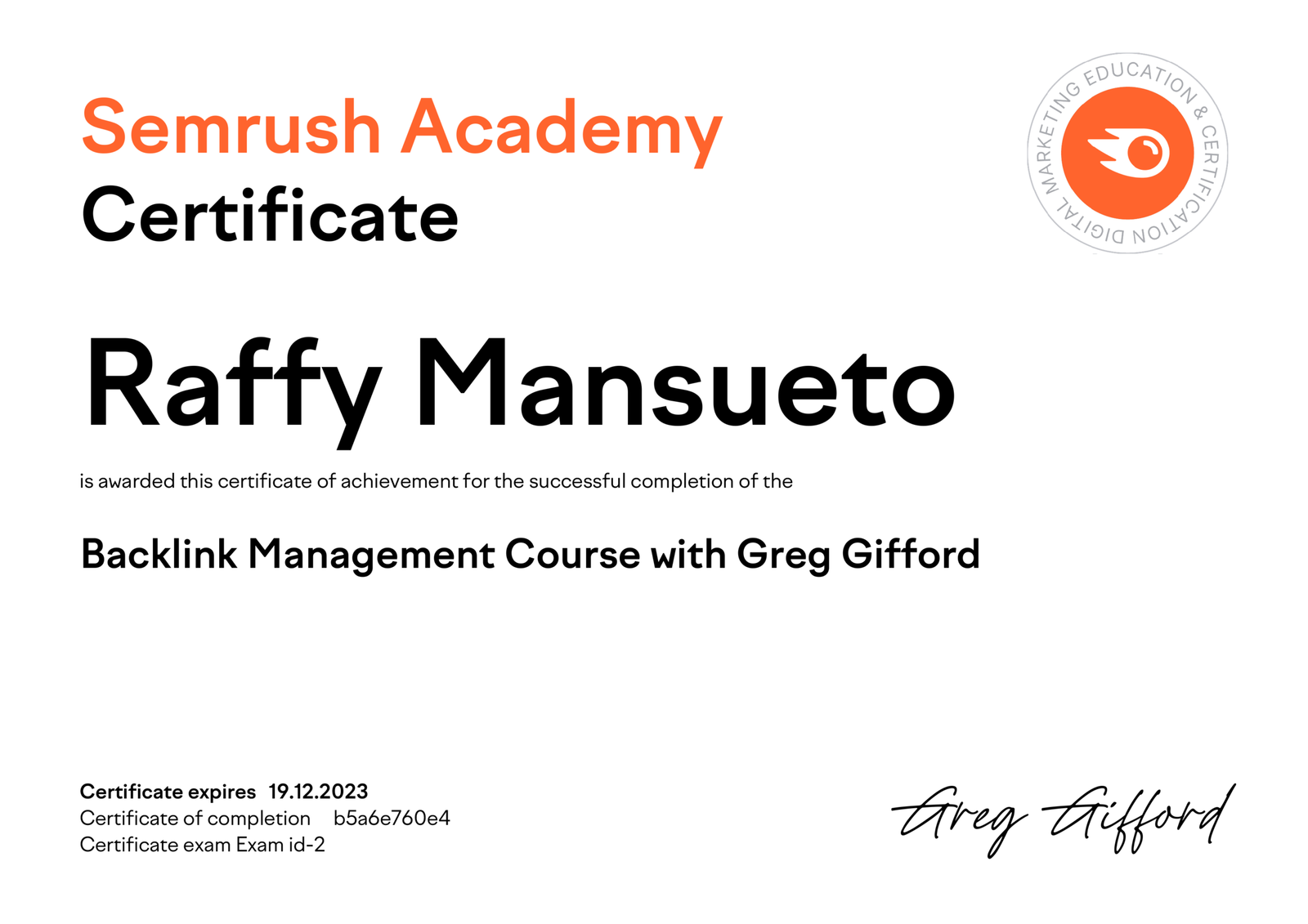 Backlink Management Course with Greg Gifford certificate by Raffy Mansueto