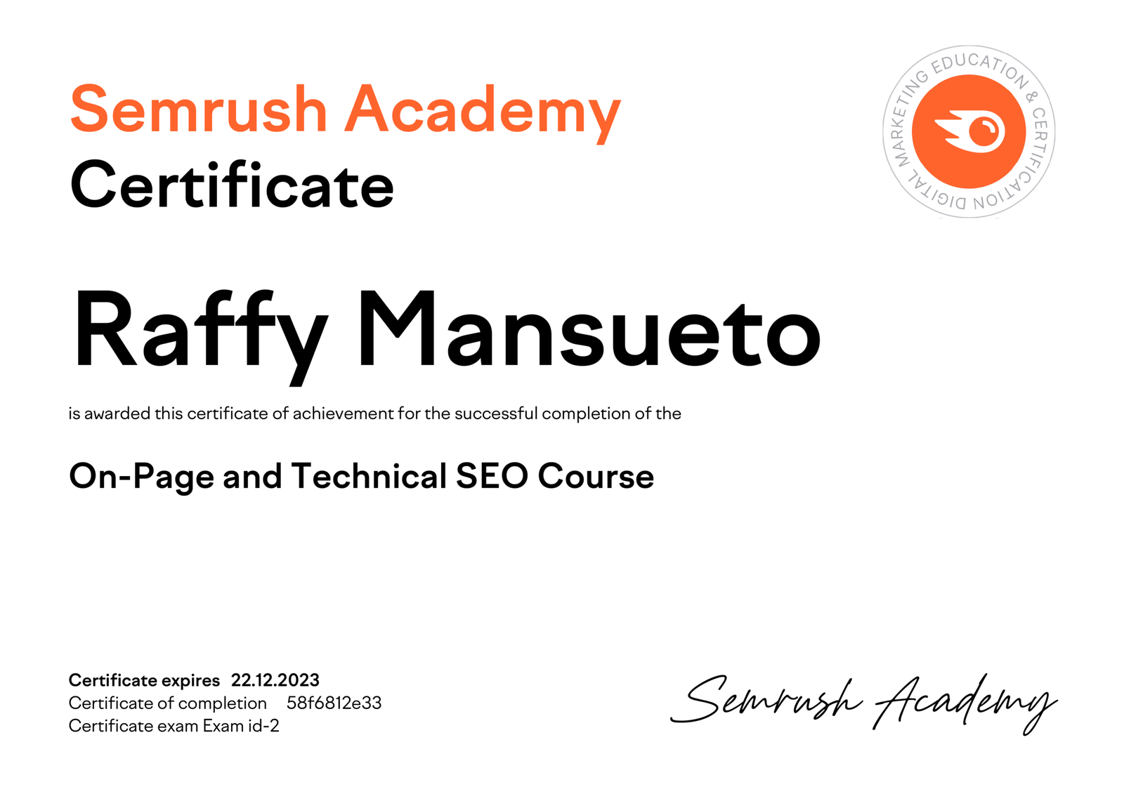 On-Page and Technical SEO Course certificate by Raffy Mansueto