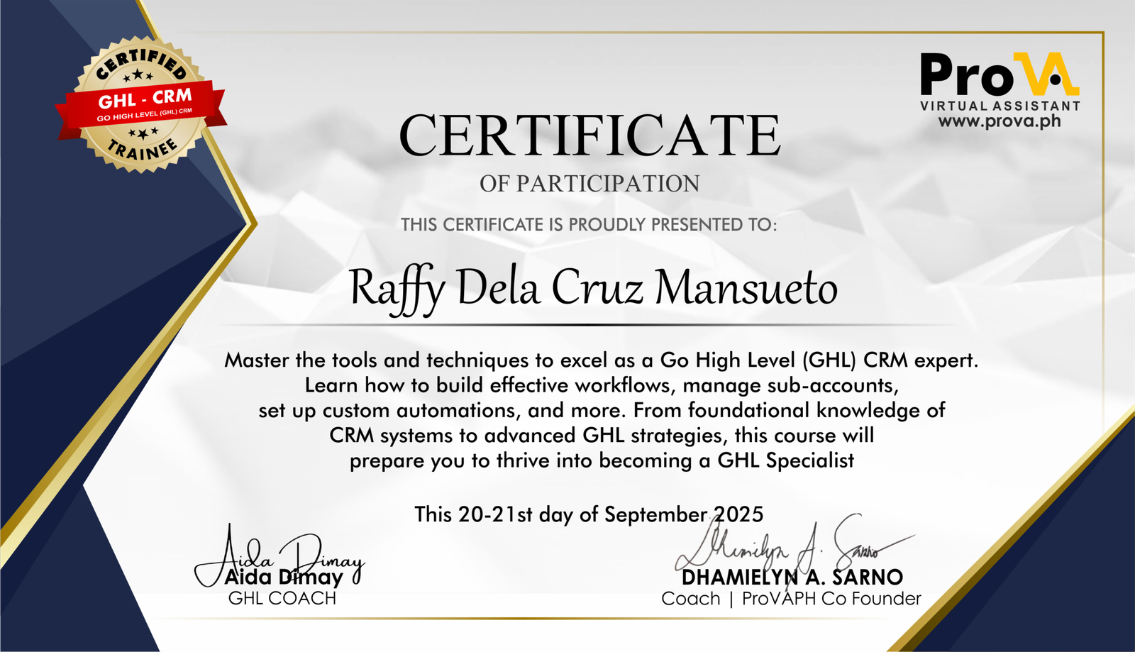 CRM and GoHighLevel certificate by Raffy Dela Cruz Mansueto