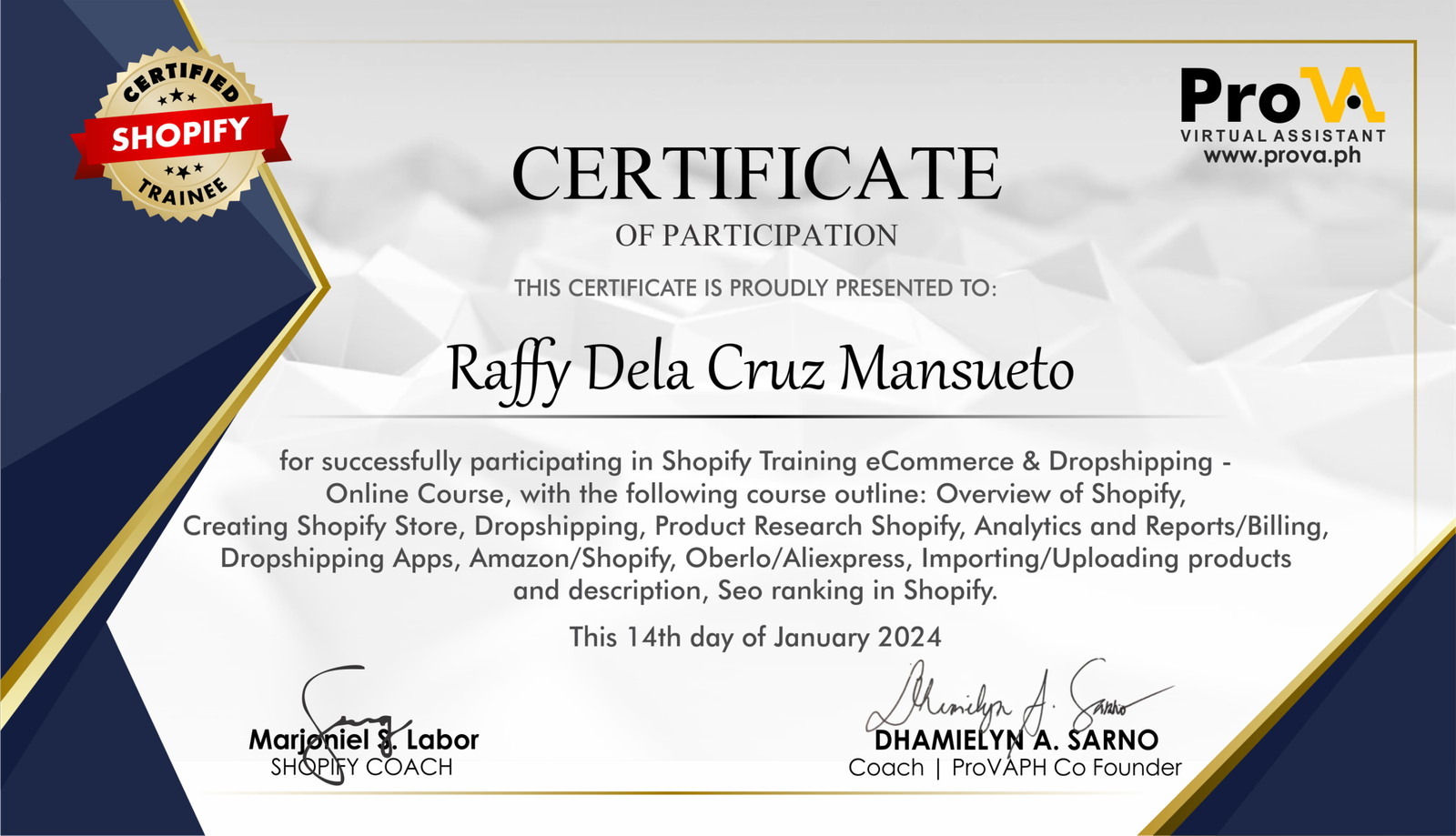 Drop Shipping certificate by Raffy Dela Cruz Mansueto