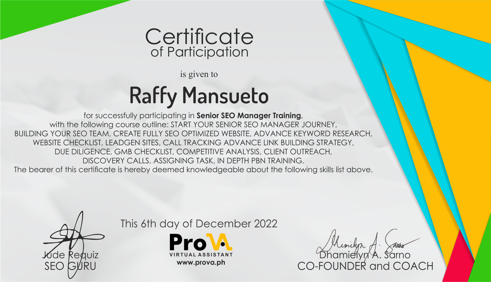 PROVA SEO certificate by Raffy Dela Cruz Mansueto