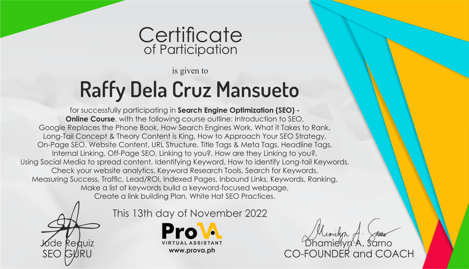 PROVA certificate by Raffy Dela Cruz Mansueto