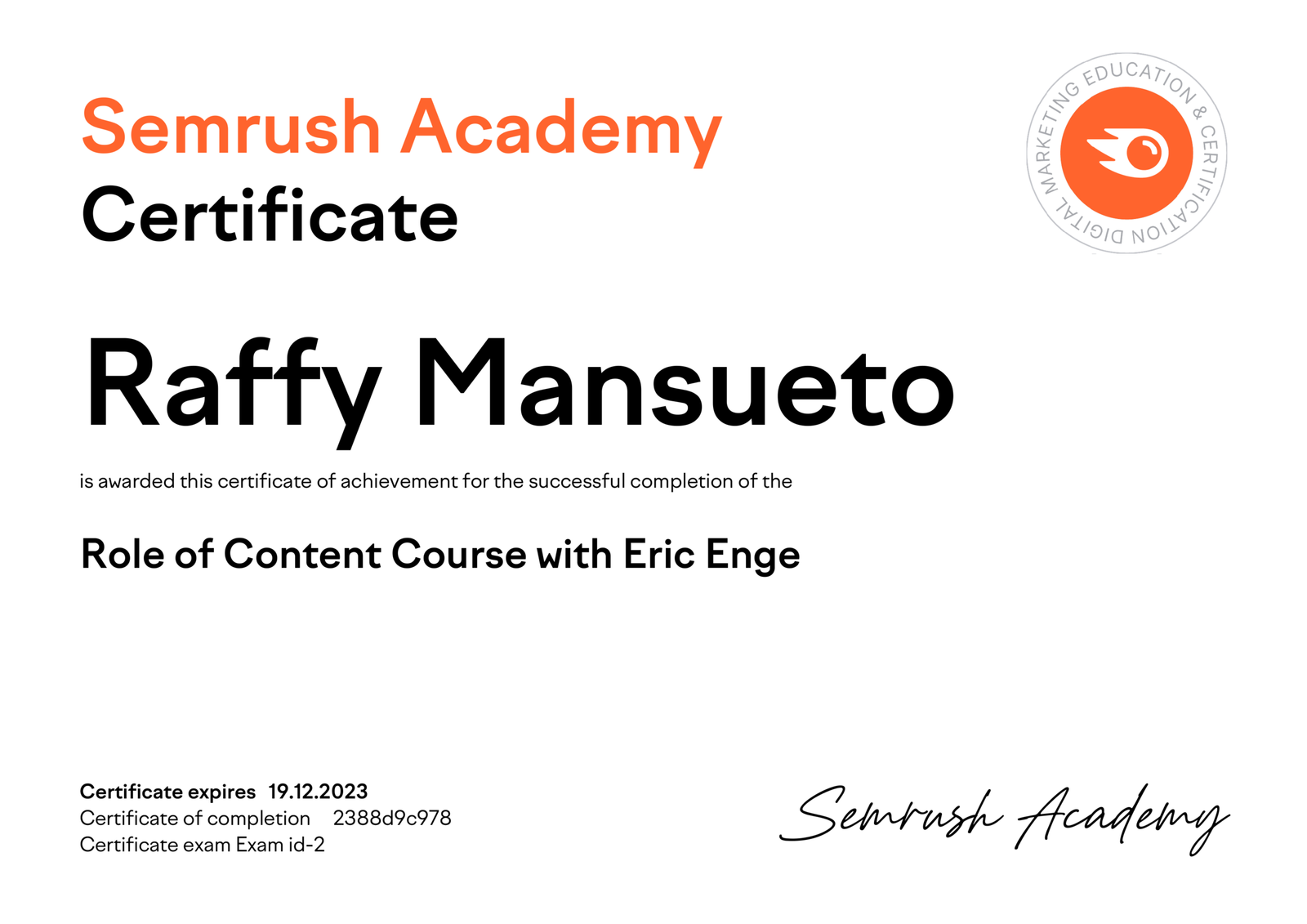 Role of Content Course certificate by Raffy Mansueto