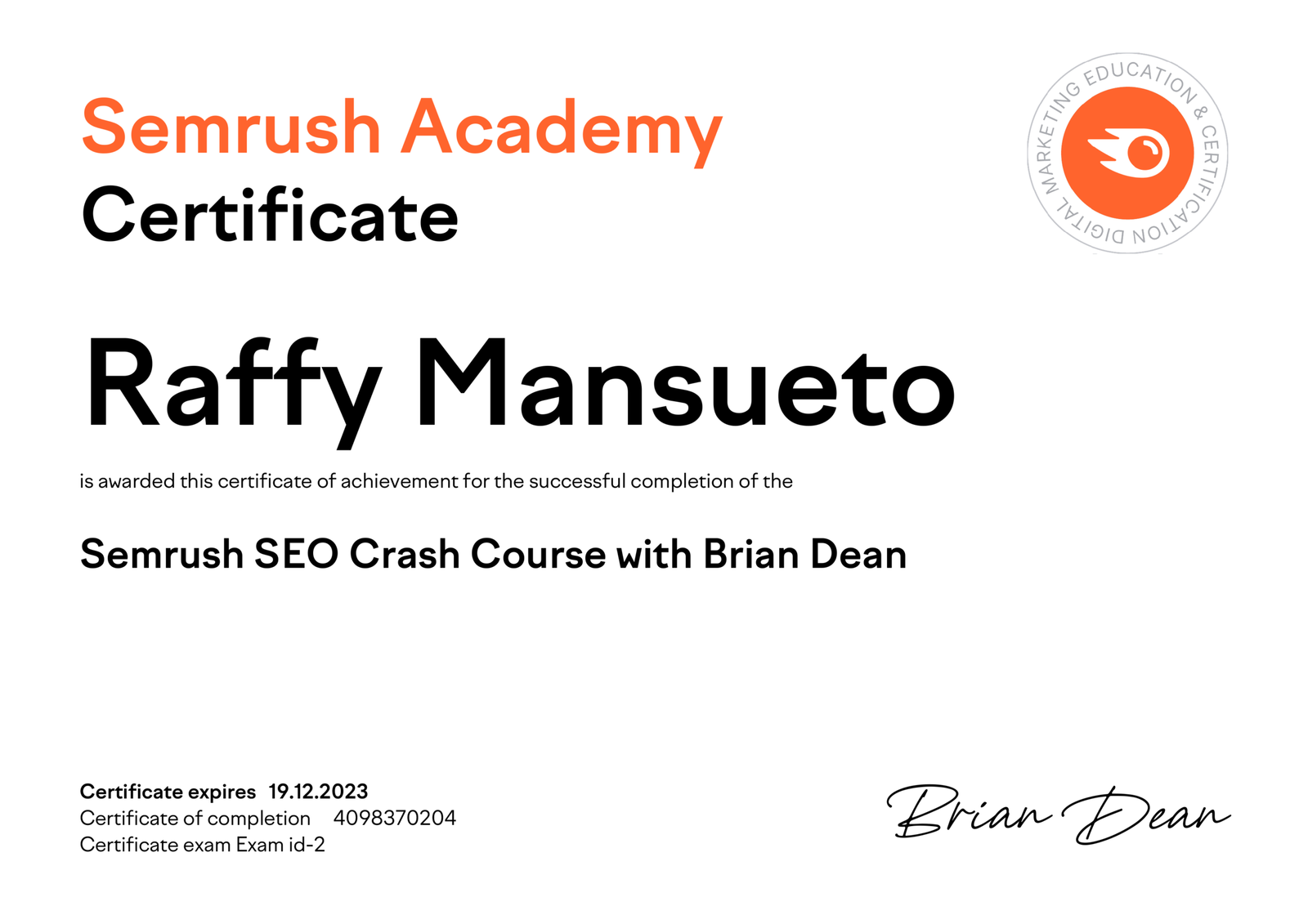 SEO Crash Course with Brian Dean certificate by Raffy Mansueto