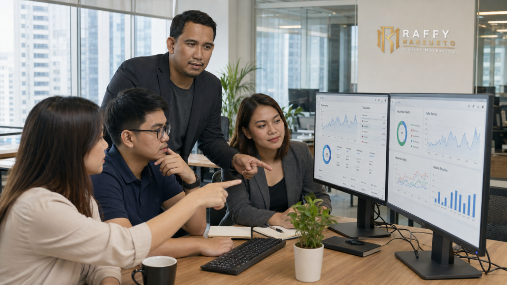 Filipino SEO professionals collaborating and reviewing analytics dashboards in a modern Manila office, Best SEO Services Company in the Philippines,