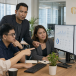 Filipino SEO professionals collaborating and reviewing analytics dashboards in a modern Manila office, Best SEO Services Company in the Philippines,