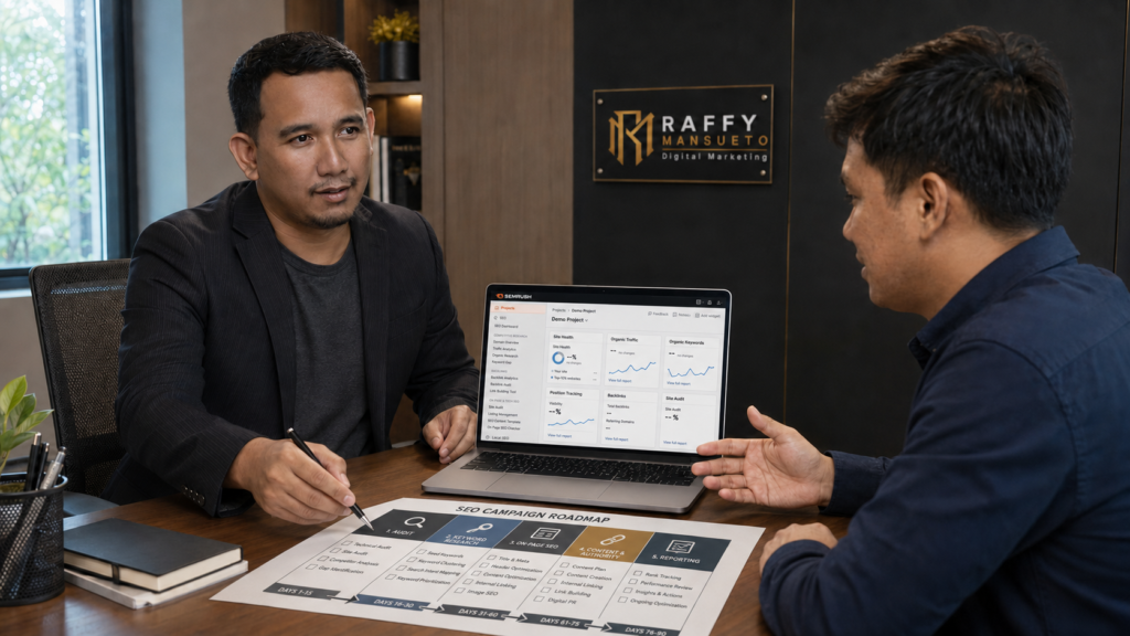 Freelance SEO specialist Philippines discussing a search strategy with a business owner, seo specialist philippines
