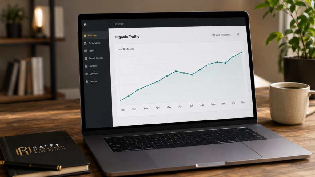 Laptop displaying 12-month organic traffic growth from a long-term SEO investment, Best SEO Services Company in the Philippines,