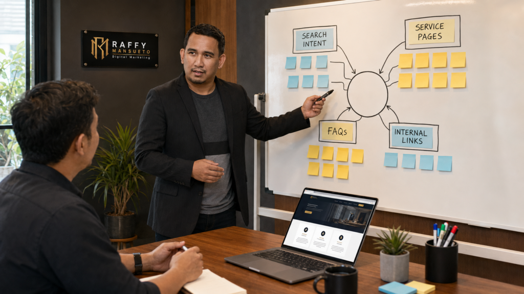 SEO expert Philippines planning content, AEO, and internal links for a business website, seo specialist philippines