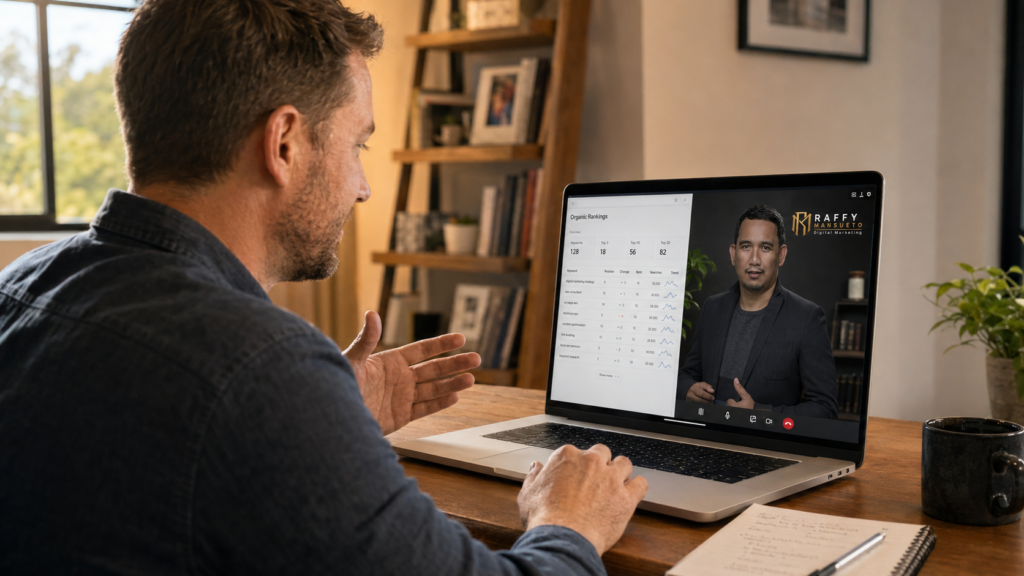US business owner reviewing keyword ranking data with a Philippine SEO consultant on a video call, Best SEO Services Company in the Philippines,
